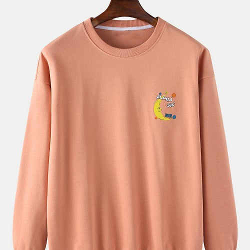Mens Cotton Cartoon Moon & Letter Print Drop Shoulder Pullover Casual Sweatshirts