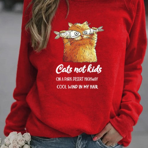 Women Funny Cartoon Cat Printed Pullover Long Sleeve Casual Sweatshirts