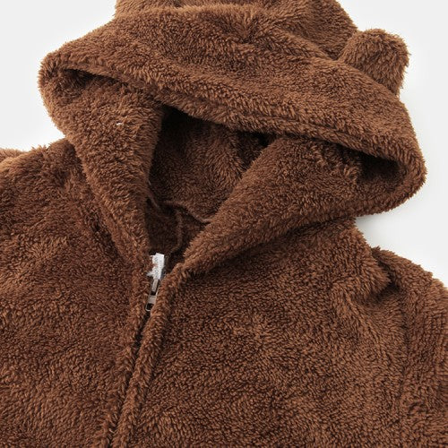 Women Fluffy Plush Zipper Cute Hooded Home Long Sleeve Warm Sleepwear Jumpsuits