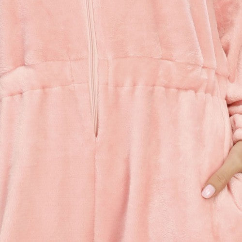 Women Flannel Eye Embroidery Hooded Zipper Front Elastic Waist Long Sleeve Home Pink Jumpsuits