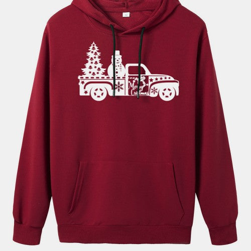 Women Christmas Printed Drop Shoulder Long Sleeve Hoodies With Pocket