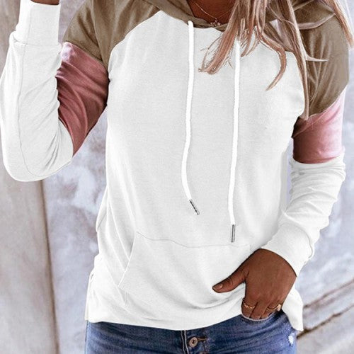 Women Patchwork Raglan Sleeve Casual Kangaroo Pocket Drawstring Hoodies